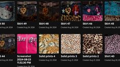 a screen shot of some different types of animal prints on clothes and clothing items, all in various colors