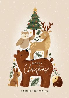 merry christmas card with animals and trees