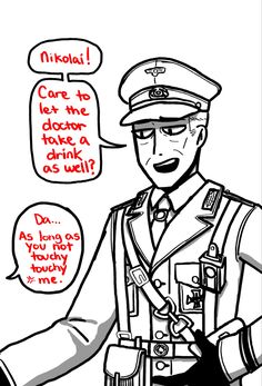 a black and white drawing of a man in uniform talking to another man with speech bubbles above his head