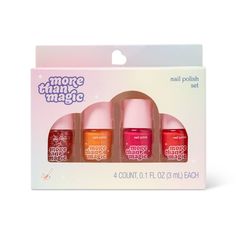 Indulge your fashionista with this vibrant 4-Piece Nail Polish Set from More Than Magic. With an array of stunning shiny shades, this set offers endless possibilities for manicure creativity. Featuring glittery glow, sunset beach, very berry and sassy strawberry, your child can effortlessly elevate their nail game. Whether they want to coordinate with their outfit, add a striking contrast, or experiment with a different hue on each nail, this warm-color collection has them covered. More Than Mag Magic Nails, Very Berry, Nail Polish Set, Nail Polish Sets, Beauty Stuff, Nail Games, Pedicure Nails, Sunset Beach, Color Collection