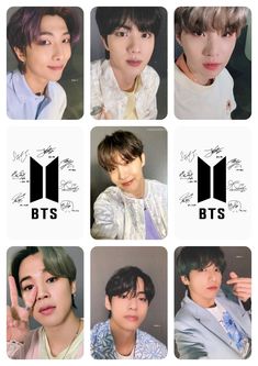 the members of bts are shown in this collage with their name on them