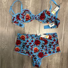 Beautiful Floral Pattern. Bra Is Not Padded. Very Light Material And Very Stretchy. Bra Is Size 34b Underwear Size S Lined Summer Sleepwear, Summer Loungewear Bra With Underwire, Summer Sleepwear With Underwire For Bedtime, Blue Sleepwear With Built-in Bra For Summer, Blue Stretch Sleepwear For Vacation, Stretch Blue Sleepwear For Vacation, Fitted Blue Bra With Floral Print, Summer Beachwear Blue Bra, Fitted Blue Floral Print Bra