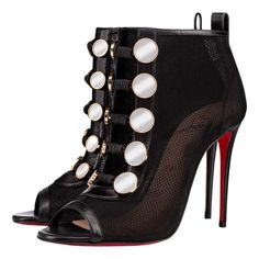 Christian Louboutin Marikate 100 Black Mesh Peep Toe Ankle Bootie Heel Pump 37 ********** Christian Louboutin ********** Brand: Christian Louboutin Size: 37 (Know Your Louboutin Size) Name: Marikate Color: Black Style: Bootie Heel Style#: 1191084 Material: Rete / Nappa Peep Open Front Toe Standing On A 100mm Heel Elastic Stretch Button Loop Closure With Circle Mirrors Black Nappa Leather Material Black Rete Mesh Fabric Material Ankle Length Heeled Bootie Thin Back Heel Classic Red Leather Sole B Louboutin Online, Christian Louboutin Sandals, Lace Ankle Boots, Ivory Shoes, Open Toe Boots, Summer Boots, Christian Louboutin Women, Retro Mode, Ankle Boots Flat