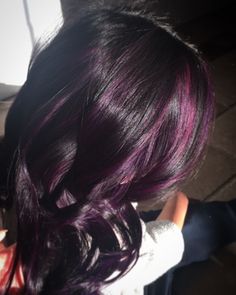 Plum Peekaboo Highlights, Black Hair Violet Highlights, Purple Foils Hair, Colored Highlights Hair, Purple Streaks In Black Hair, Black And Violet Hair, Purple Highlights Black Hair, Plum Highlights