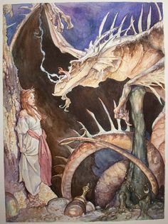 a painting of a woman standing next to a dragon