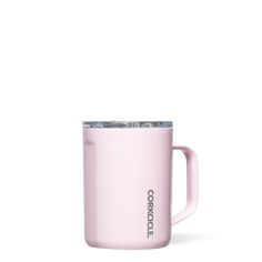 a pink coffee mug with the words code on it and a silver lid is sitting in front of a white background