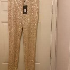 Fashion Nova Pants . Cream With Gold Sequins And Feathers At The Bottom. New With Tags Spring Party Straight Leg Leggings, Coral Jumpsuit, Fashion Nova Jumpsuit, Fashion Nova Pants, Sequin Rompers, Wrap Romper, Long Leggings, Fashion Nova Outfits, Cotton Jumpsuit