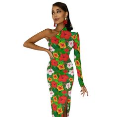 Experience the perfect blend of style and comfort with our Flowers Tropical Print High Slit One Shoulder Long Dress. The vibrant and unique tropical print adds a touch of exotic to your wardrobe, while the high slit and one shoulder design elevate your look with a sexy edge. Made with high-quality materials for a luxurious and flattering fit. Elasticity: High Strecth Sleeve Style: One-Shoulder Fabric Type: Chemical Fiber Pattern Type: Print Fit Type: slim fit Silhouette: Sheath Neckline: Diagona One Shoulder Long Dress, Flowers Tropical, Floral Prom Dresses, Elevate Your Look, Shoulder Design, 50's Dress, Prom Gown, Flower Dresses, Tropical Print