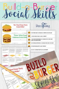 the build - a - burger social skills booklet is shown with text and pictures on it