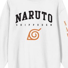 Immerse yourself in the world of Naruto Shippuden with this men's white crew neck long sleeve sweatshirt. The iconic Konoha symbol is beautifully displayed beneath collegiate text spelling out "Naruto Shippuden." Vibrant orange letters adorn the left sleeve, adding a stylish touch. Crafted from a blend of cotton and polyester, this sweatshirt offers both comfort and durability, making it a must-have for fans. White Long Sleeve T-shirt With Front Print, White Fan Apparel Sweatshirt For Streetwear, White Streetwear Fan Apparel Sweatshirt, White Sweatshirt For Fall Fan Merchandise, White Cotton Sweatshirt With Front Print, White Long Sleeve Sweatshirt With Front Print, White Long Sleeve Fan Apparel Sweatshirt, White Sweatshirt With Letter Print For Fans, Konoha Symbol