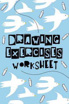 drawing exercises worksheet with birds and bottles flying in the sky, including pencils