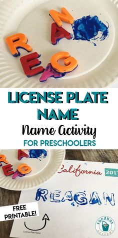 a paper plate that has letters on it and the words license plate name activity for preschoolers