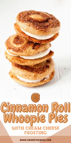 cinnamon roll whoopie pies with cream cheese frosting are stacked on top of each other