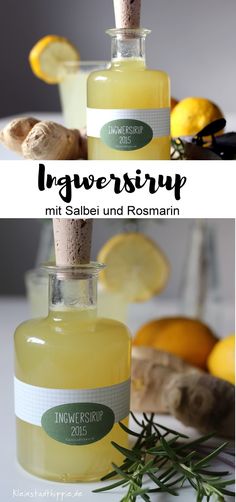 two bottles of liquid sitting on top of a table next to lemons and herbs