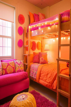 Orange and pink dorm room with cozy bunk beds and vibrant decor. Pink And Orange Room Decor, Pink Orange Room, Dorm Room Bed Ideas, Dorm Room Ideas Lofted Bed, Pink And Orange Dorm Room, Room Bed Ideas, Pink And Orange Dorm, Kids Bedroom Bunk Bed, Pink Dorm Room Ideas