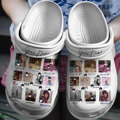 a pair of white shoes with pictures of women's faces and names on them