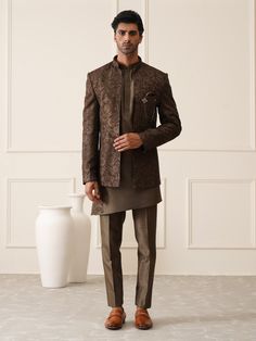 Designed with Resham Work Jodhpuri Suit for the Groom and his squad. Crafted from the most luxurious silk, this item will have you feeling like a royal. This jodhpuri including an open Prince Coat and an inside kurta paired with slim-cut trousers. Note: Some color variations may occur owing to photography causes. Up to 1 inch of measurement fluctuation is possible. COST INCLUDES BLAZER,TROUSER & INNER  KURTA Indowestern Outfits For Men Jodhpuri, Royal Jodhpuri Suits For Men, Open Jodhpuri Suits For Men, Naqshi Bandhgala In Jamawar For Reception, Wedding Suits With Resham Embroidery For Diwali, Traditional Dabka Lawn Suit For Reception, Raw Silk Bandhgala For Reception At Eid, Eid Bandhgala In Raw Silk For Reception, Eid Reception Bandhgala In Raw Silk