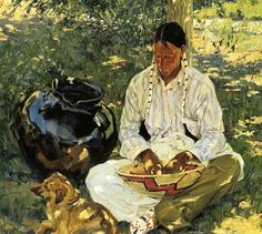 a painting of a native american man sitting in the grass with his dog and pot