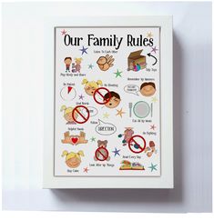 a family rules poster hanging on the wall above a white framed frame with cartoon characters