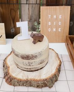 a cake sitting on top of a tree stump with a small wooden animal decoration next to it