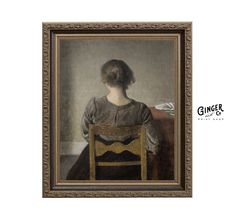 a painting of a woman sitting in a chair with her back turned to the camera