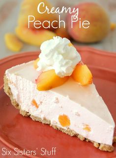 a slice of creamy peach pie on a red plate