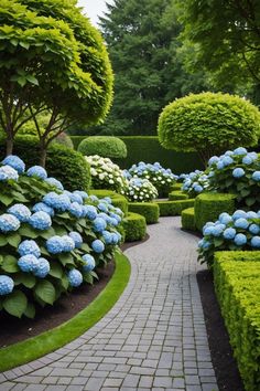 a garden with blue flowers and green bushes on the sides, along a brick walkway