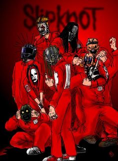 a group of people in red suits and masks with the words slipknot on them