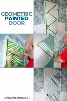 a man is painting the walls in his room with green and white stripes on it