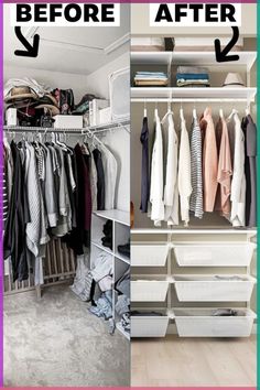 before and after photos of an organized closet