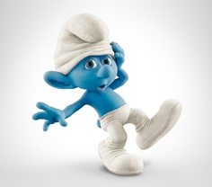 the smurfs character is wearing a white hat and blue pants with his hands on his head