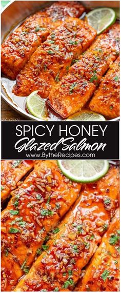 the recipe for spicy honey salmon with limes and parsley is shown on a plate