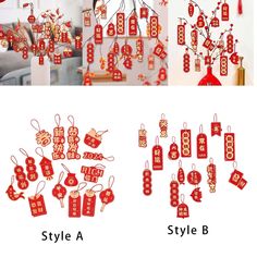 red paper decorations are hanging on the wall and in front of a tree with chinese characters