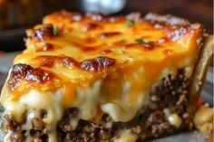 a slice of cheeseburger casserole on a plate