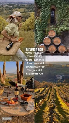 an image of a woman sitting at a table in front of wine barrels and grapes