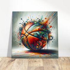 an abstract basketball painting on a wall