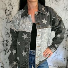 Black Denim Jacket Buttons Python Colorblock Stars S-M-L Nwt Long Sleeve Denim Jacket With Star Print, Fall Denim Jacket With Star Patch, Winter Denim Outerwear With Star Print, Fall Denim Jacket With Star Patch And Long Sleeves, Trendy Denim Outerwear With Star Print, Trendy Denim Star Print Outerwear, Black Denim Jacket, Women's Boutique, Jacket Buttons