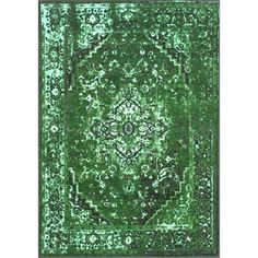 a green rug with an intricate design on the top and bottom, in front of a white background