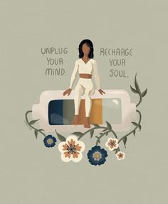 a woman sitting on top of a pillow with flowers around her and the words unplug your mind, recharge your soul