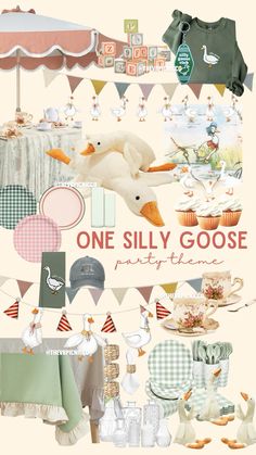 there is a collage of different items in the photo and it says, one silly goose