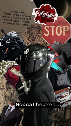 a collage of motorcycle helmets and street signs with the words stop on them in red