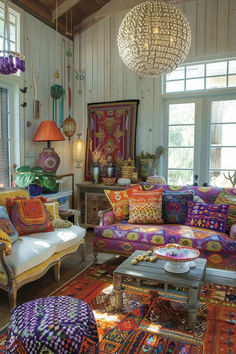 a living room filled with lots of colorful furniture