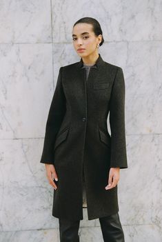 Our khaki green wool coat displays a tapered, waist-fitted silhouette. Tapered wool coat. Women`s wool coat. Collarless wool coat. FREE WORLDWIDE DELIVERY. Wool Coat Short, Wedding Skirt Top, Short Wool Coat, Silk Bridal Gown, Green Wool Coat, Autumn Coat, Cape Wedding Dress, Gown Skirt, Bridal Gowns Mermaid