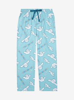 Cozy up with the adorable Sanrio pup in these sleep pants! Featuring an allover print of Cinnamoroll with lettering of his name  these pants include an elastic drawstring waist  side pockets  and a button fly  perfect for movie nights  naps  and beyond.A BoxLunch Exclusive!92% polyester; 8% spandexListed in unisex sizesWash cold with like colors; dry lowMay shrink in washImported Cinnamoroll Pajama Pants, Cinnamon Roll Pajamas, Sanrio Pajama Pants, Casual Sleepwear With All Over Print, Cute Sleepwear With Elastic Waistband For Loungewear, Blue Letter Print Sleepwear For Loungewear, Playful Blue Sleep Bottoms, White Cartoon Print Bottoms For Loungewear, Cute Blue Loungewear Bottoms