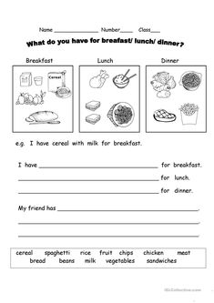 the worksheet for breakfast and lunch is shown in black and white, which includes pictures