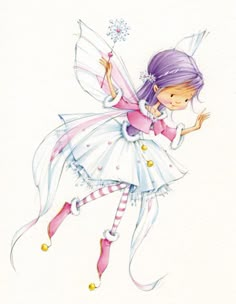 a watercolor drawing of a fairy with purple hair and pink shoes, flying through the air