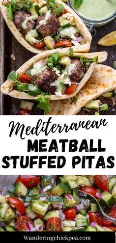 meatball stuffed pitas with cucumber, tomato and lettuce