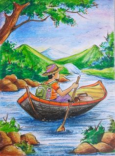 a drawing of a man in a boat on the water with trees and mountains behind him