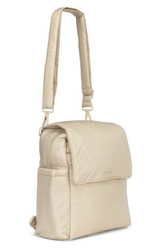 a white bag with straps hanging from it's shoulder and the bottom compartment open