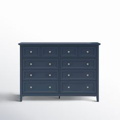 a blue dresser with gold knobs on the top and bottom, against a white background